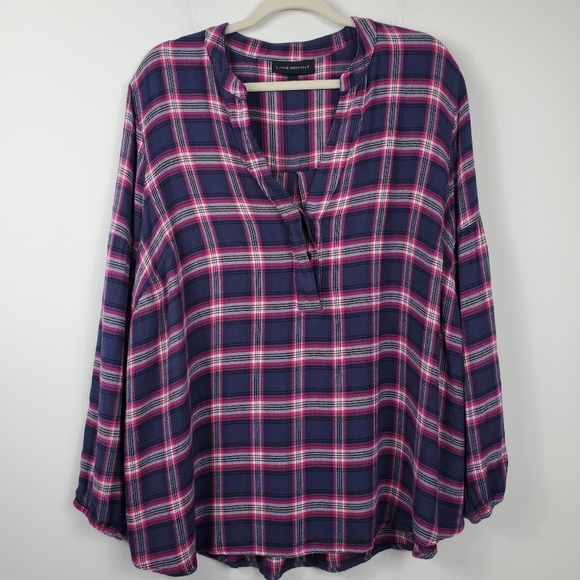 Lane Bryant Tops - Lane Bryant Purple & Pink Plaid V Neck 1/4 Button Balloon Sleeve Blouse Size 18